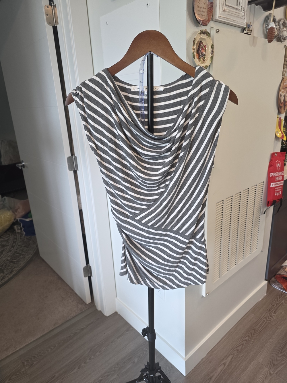 Draped Striped Sleeveless Top - Gray & White